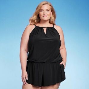 Aqua Green Black Halter Blouson Swimdress b249
